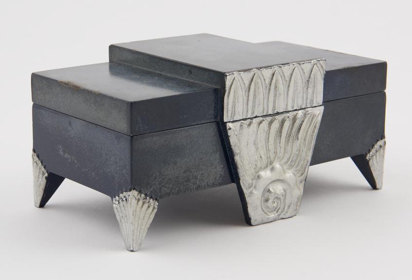 Rectangular box of blue casein with silver painted moulded