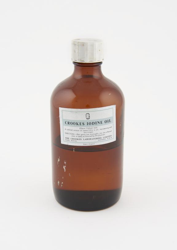 Bottle of Crookes iodine oil, by Crookes Labs. Ltd., London