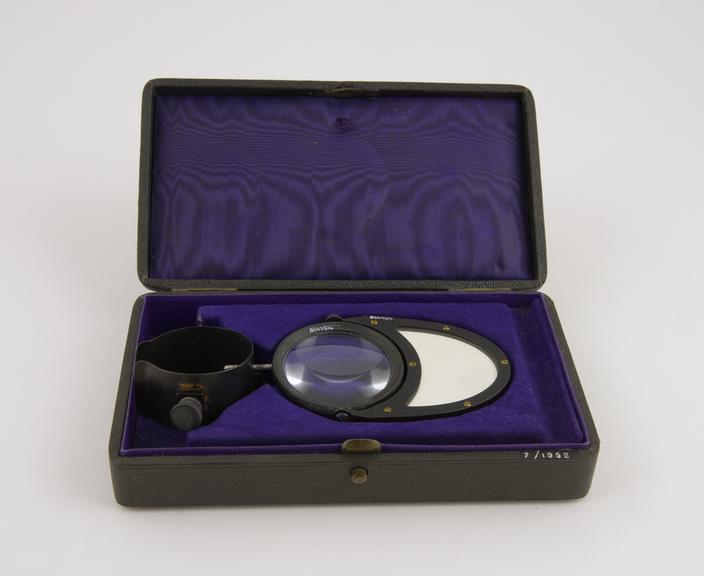 Fauvel's laryngoscope, incomplete, in case, French, 1880-1910