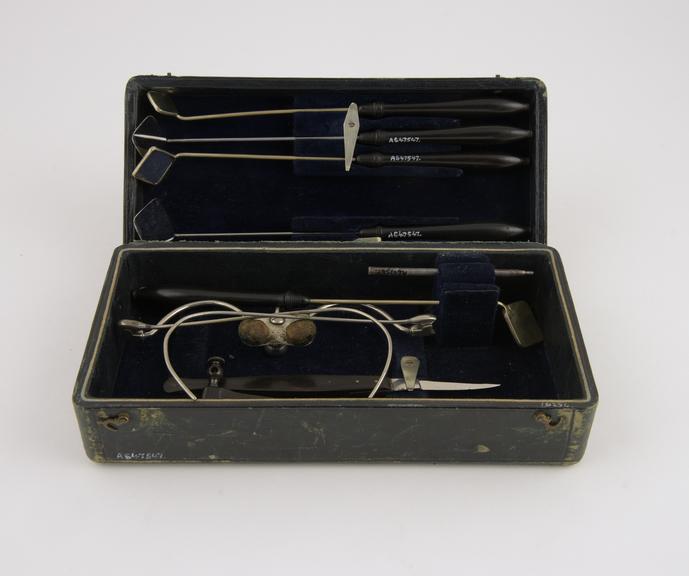 Laryngoscopic set, incomplete in damaged case, by Weiss, London