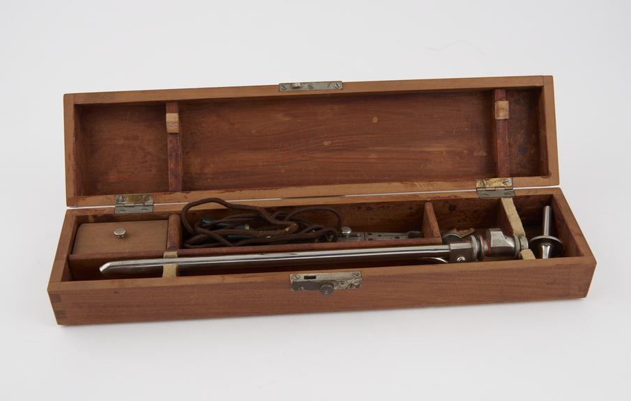 Cystoscope, plated metal, in wooden case, European, 1890-1930