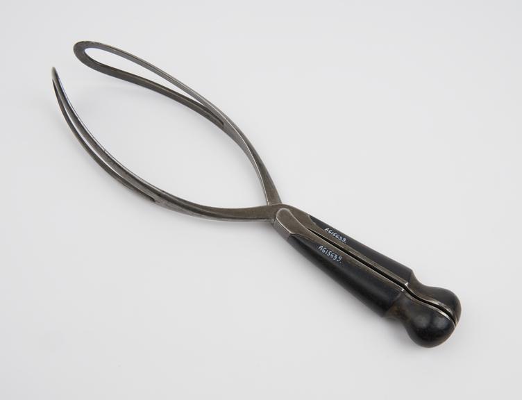 Forceps, obstetrical, possibly Denman's, steel and ebony