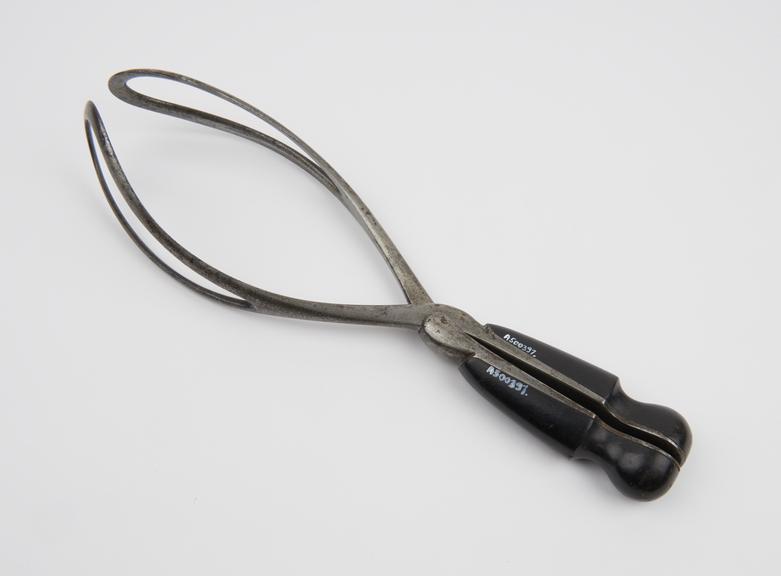 Forceps, obstetrical, possibly Clarke's, steel and ebony