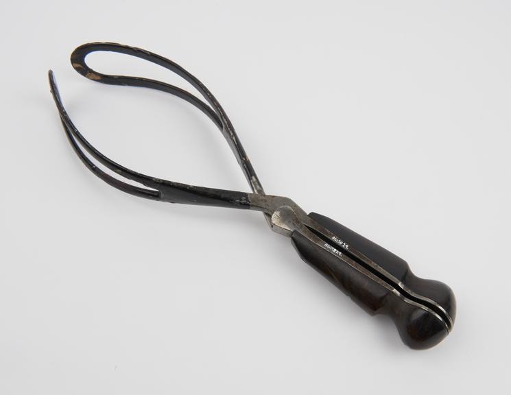 Forceps, obstetrical, Denman, steel, ebony and gum elastic