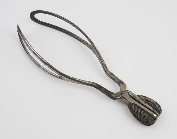 Forceps, obstetrical, Adams, steel and ebony, by S