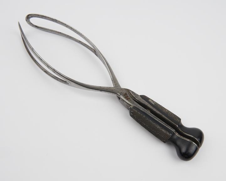 Forceps, obstetrical, Denman, steel and ebony, by Wood, English