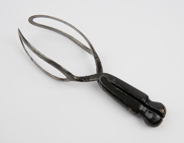 Forceps, obstetrical, Haighton, steel, with gum elastic