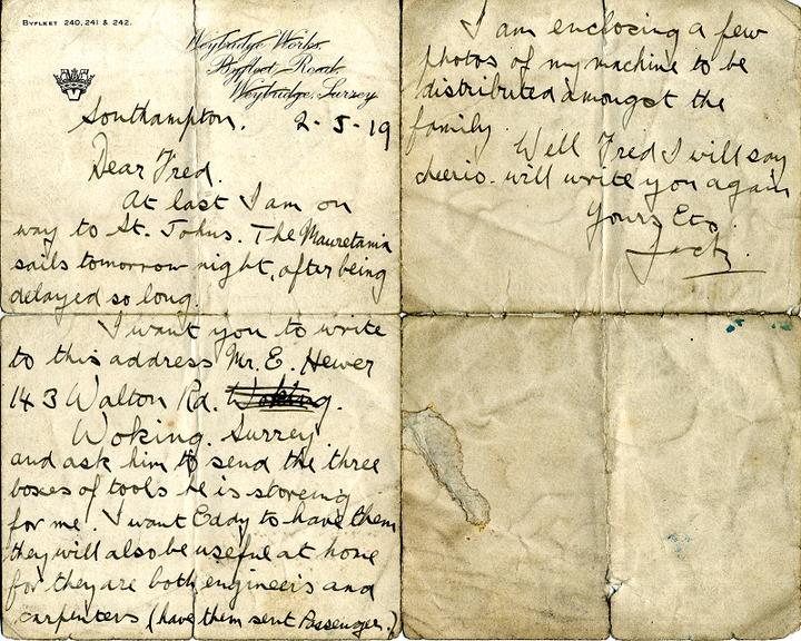 Letter from Jack Alcock to Fred Moseley