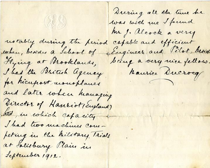 Letter of Reference for Jack Alcock from Maurice Ducrocq
