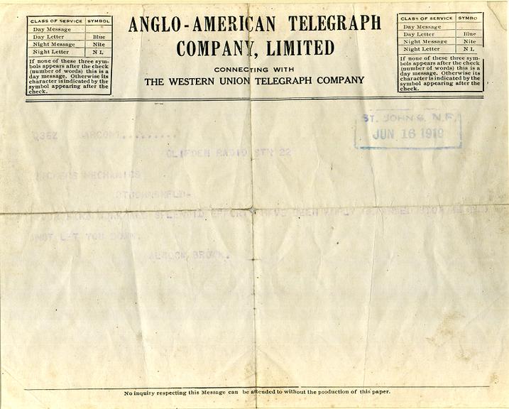 Telegram sent by aviators Jack Alcock and Arthur Whitten Brown