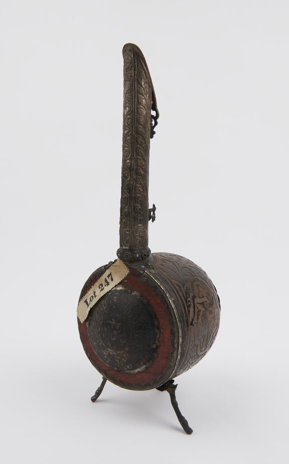 Large wooden perfume bottle with silver mounts, Persian