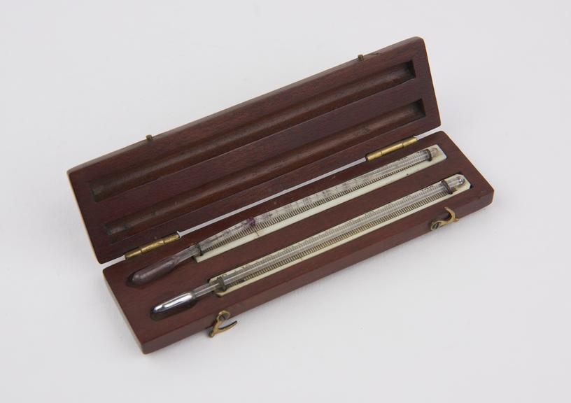 Pair of miniature thermometers on ivory scales in mahogany case