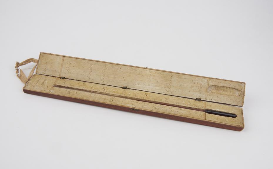 Alcohol-in-glass thermometer in wooden case with matching