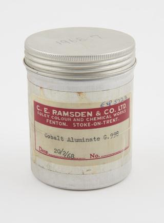 Sample of cobalt aluminate GC 998 pigment in a metal canister