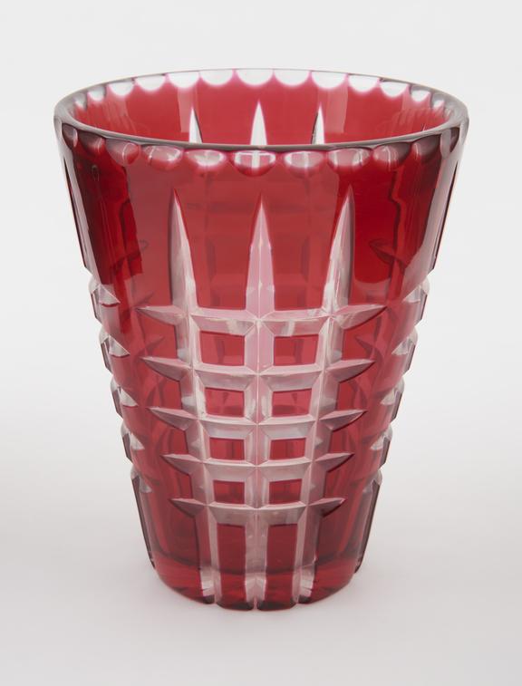 Conical vase in red/cut white pattern, 1968