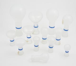Selection of 13 electric light bulbs showing different kinds of acid etching