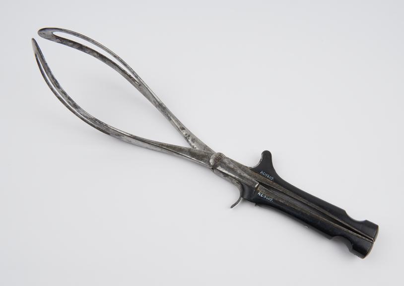 Forceps, obstetrical, steel and ebonite, by Bornhagen