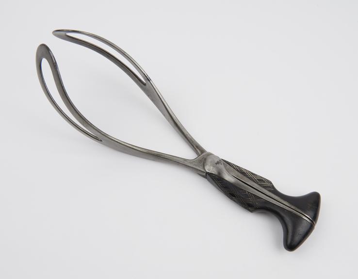 Forceps, obstetrical, steel blades, ebony handles, by W