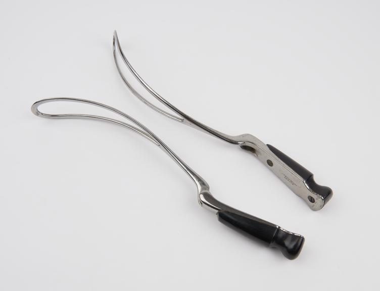 Forceps, obstetrical, steel and ebony