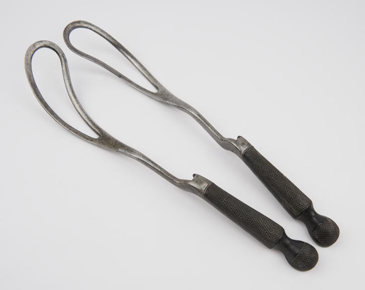 Forceps, obstetrical, Roberton, steel and ebony, by J. W