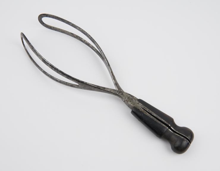 Forceps, obstetrical, Denman, steel and ebony, by Thompson