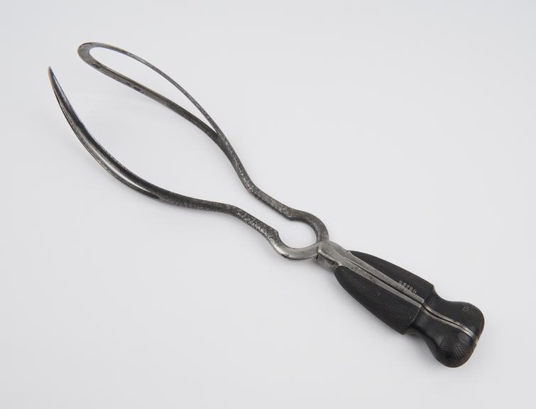 Forceps, obstetrical, Barnes, steel and ebony