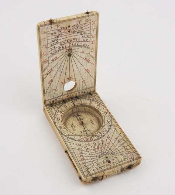 Ivory diptych sundial for latitude 47 degrees by Hanns Troschel