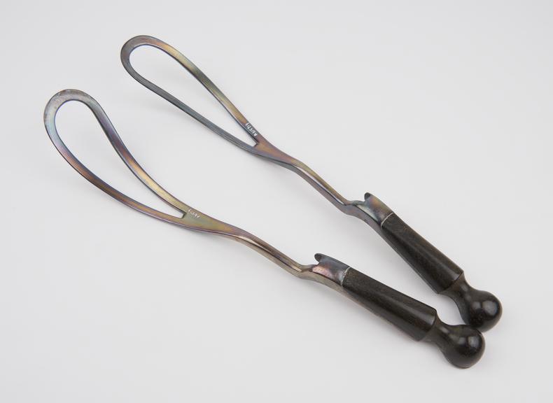 Forceps, obstetrical, Matthews Duncan, steel and ebony