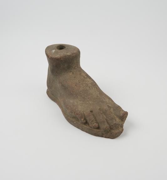 Votive right foot, terracotta, hollow, probably Roman