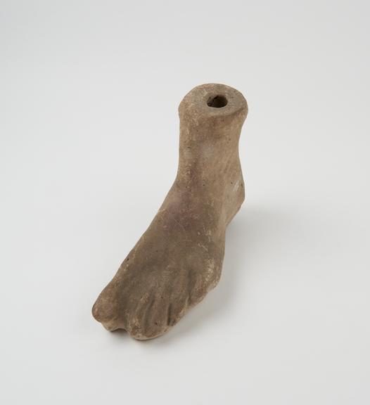 Votive left foot, terracotta, hollow, probably Roman