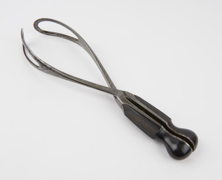 Forceps, obstetrical,  Churchill, steel and ebony