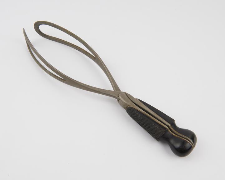 Forceps, obstetrical, Denman, steel and ebony, by Wood, British