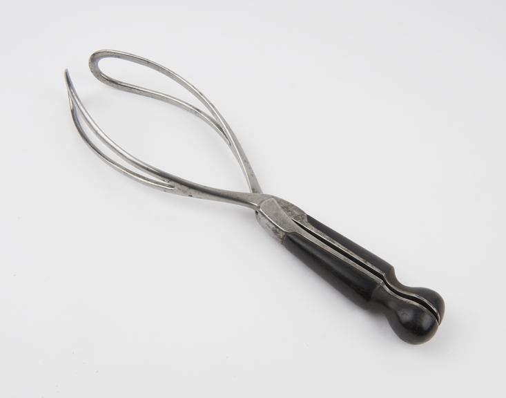 Forceps, obstetrical, Denman, steel and ebony, by J. and W