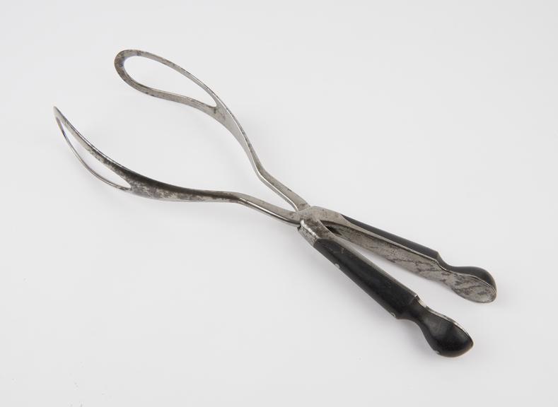 Forceps, obstetrical, Waller, steel and ebony, by J. and S