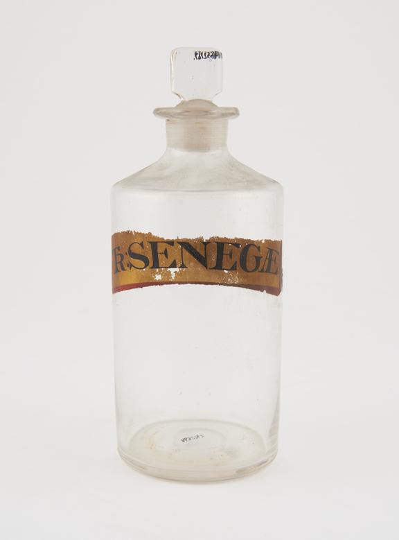 Bottle, clear glass, empty, for tincture of senega, English