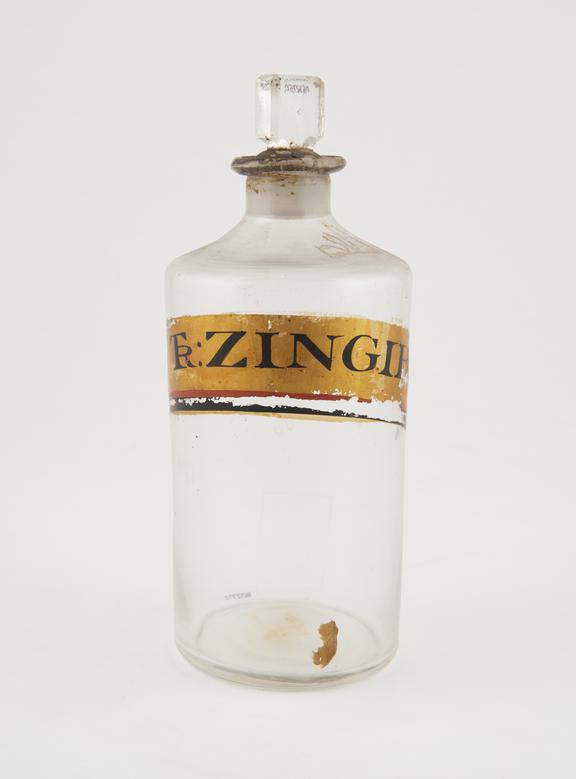 Bottle, clear glass, empty, for tincture of ginger, English