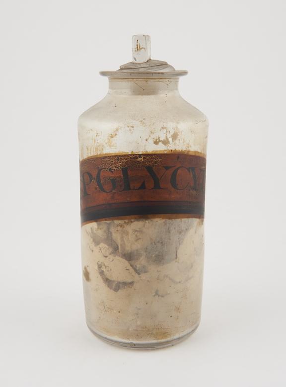 Bottle, clear glass, with contents, for glycerrhiza powder