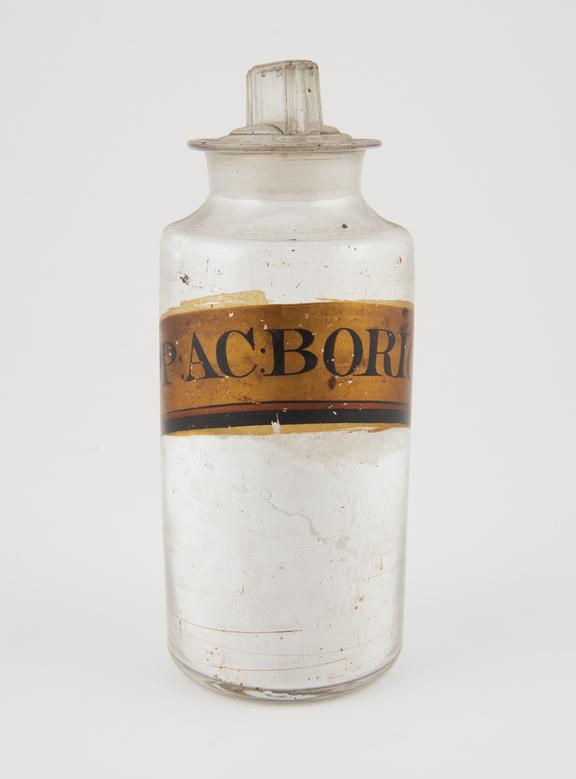 Bottle, clear glass, with contents for boric acid, English