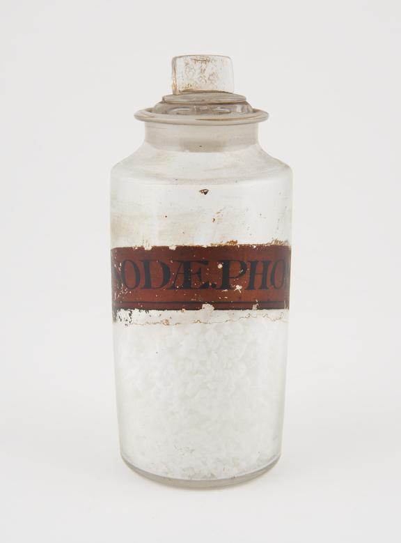 Bottle, clear glass, with contents, for sodium phosphate