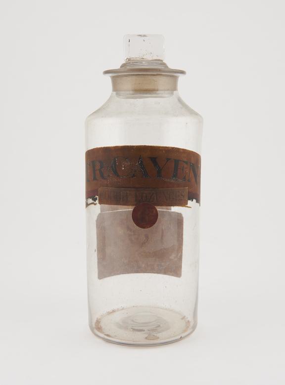 Bottle, clear glass, empty, originally for cayenne lozenges