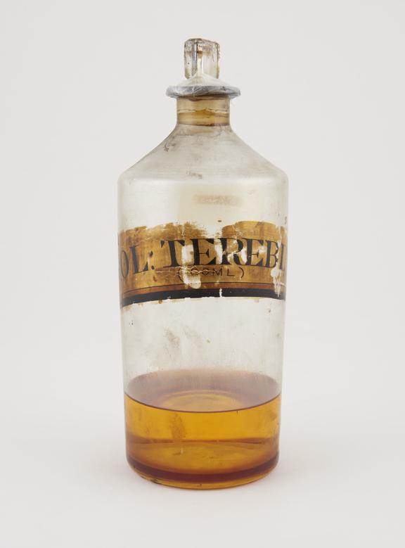 Bottle, shop round, clear glass, for turpentine oil