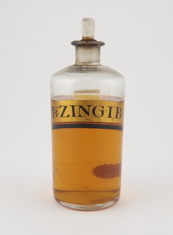 Shop round, clear glass, for ginger tincture, English