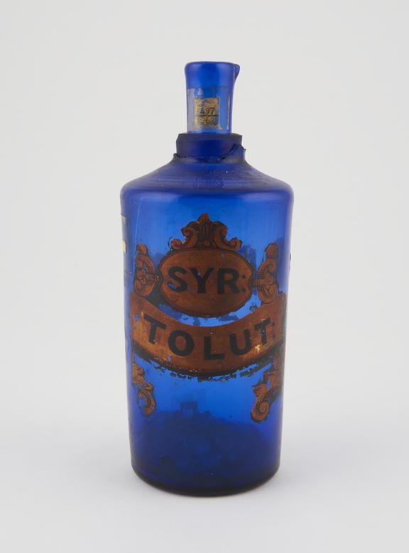 Round syrup bottle, dark blue glass, empty, for syrup of tolu