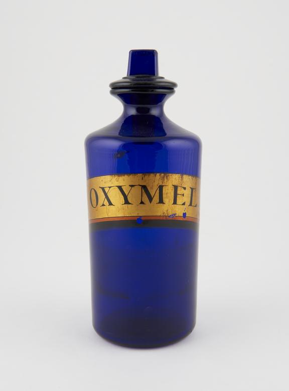 Round syrup bottle, dark blue glass, empty, for oxymel, English