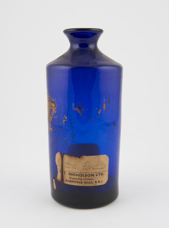 Blue glass shop round, from Nicholson's chemists, British