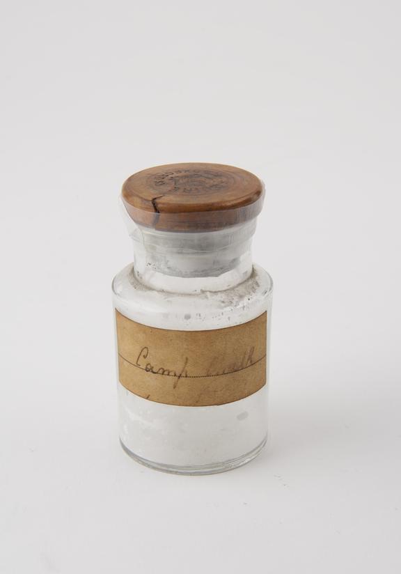 Bottle for camphorated chalk, by Squire, 413 Oxford Street