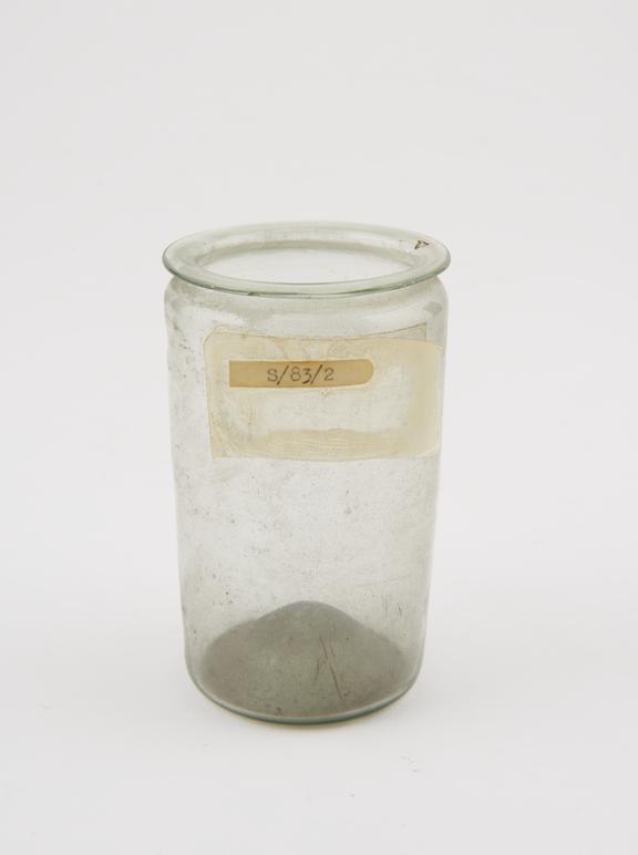 Glass drug jar, cylindrical, probably Italian