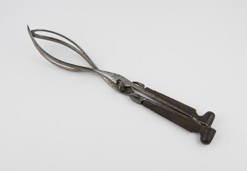 Forceps, obstetrical, steel and wood, by Elser of Strasburg