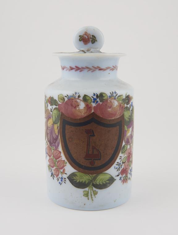 White glass shop round with floral decoration