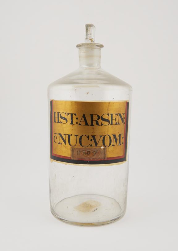 Bottle, clear glass, empty, for arsenic and nux vomica draught